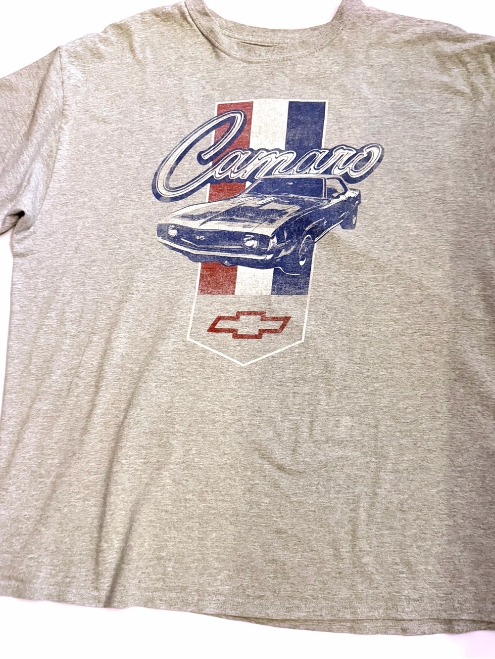 Vintage Heather Gray Camaro Graphic Tee with Red & Navy Accents